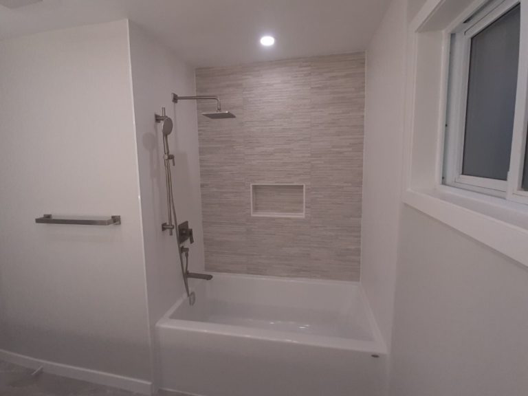 Bathroom reno rain shower niche tub tile hamilton adept services