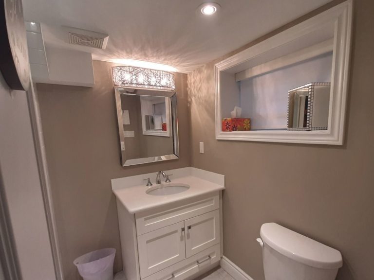 after bathroom reno pot lights painting vanity small space toronto adept services
